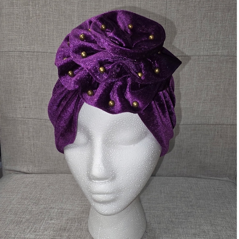 Purple Velvet Rose Turban Hat Vintage Inspired Headwrap with Gold Studs